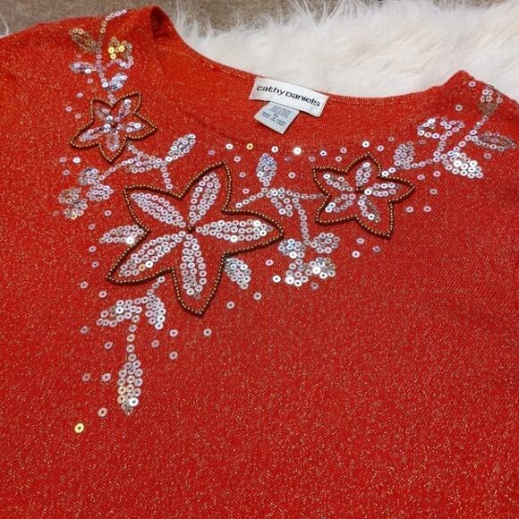 Cathy Daniels Red Shimmer Metallic Shiny Sequin Floral Flower Sheer Spakle XL - Picture 1 of 10